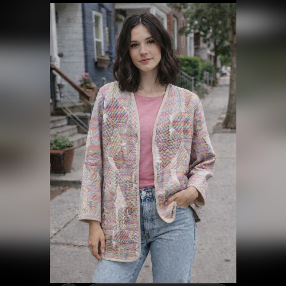 Pastel Quilted Jacket Patchwork Open Front Boho Cottagecore  Layer Small